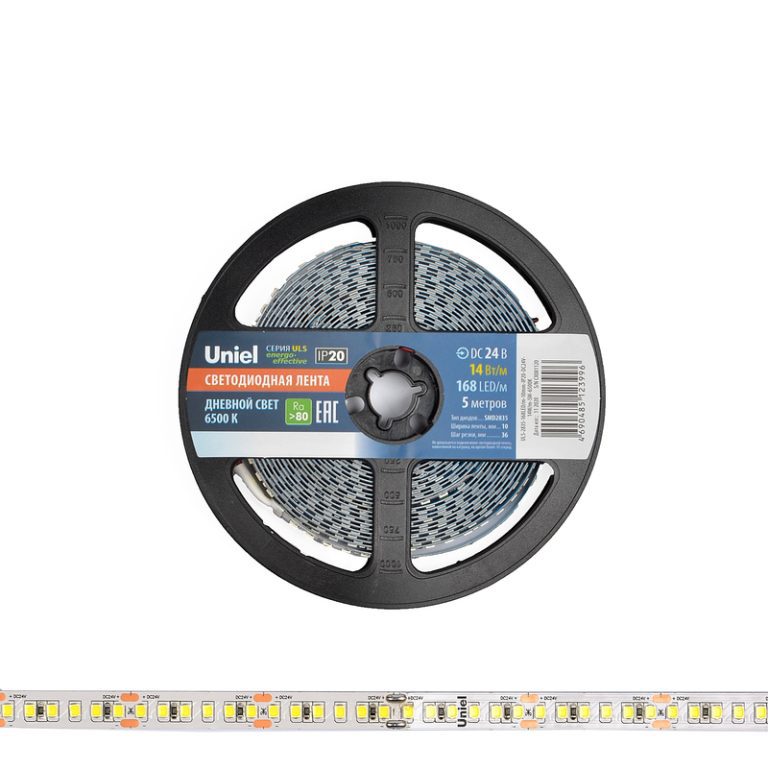 Светодиодная лента Uniel ULS-2835-168LED/m-10mm-IP20-DC24V-14W/m-5M-6500K катушка в герметичной упаковке
