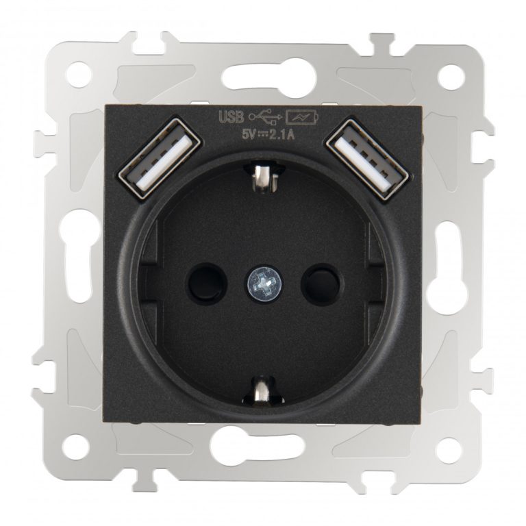 Розетка с заземлением, шторками + USB Arte Milano 203.47-1.black
