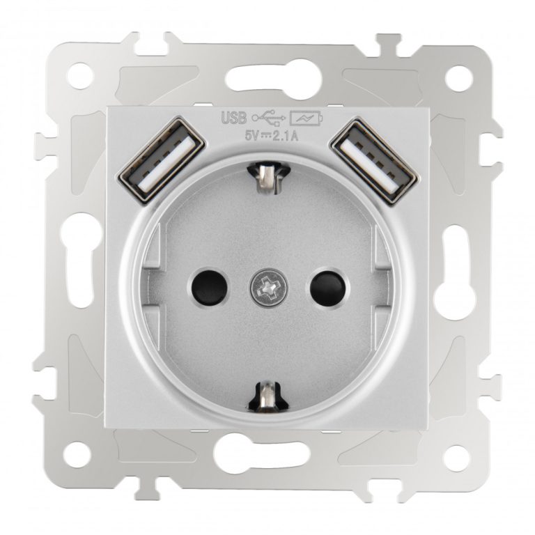 Розетка с заземлением, шторками + USB Arte Milano 203.47-1.silver