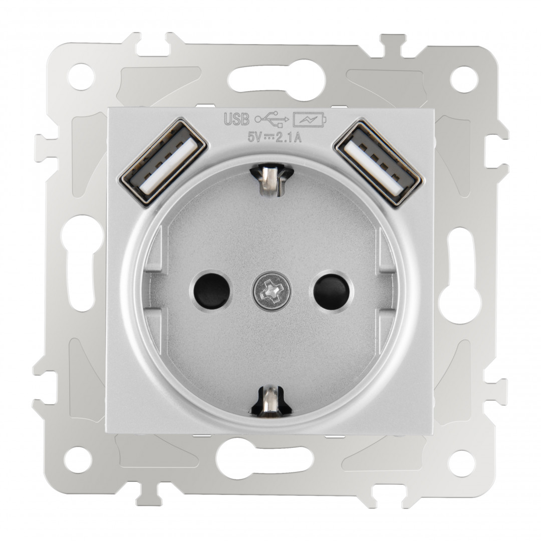 Розетка с заземлением, шторками + USB Arte Milano 203.47-1.silver Розетка с заземлением, шторками + USB Arte Milano 203.47-1.silver