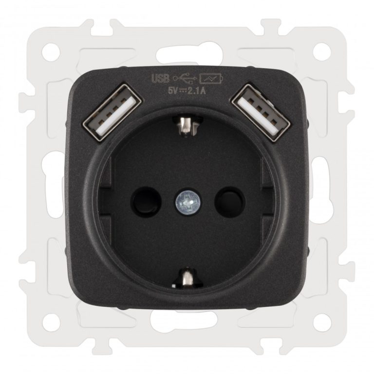 Розетка с заземлением, шторками + 2 USB Arte Milano 205.47-1.black