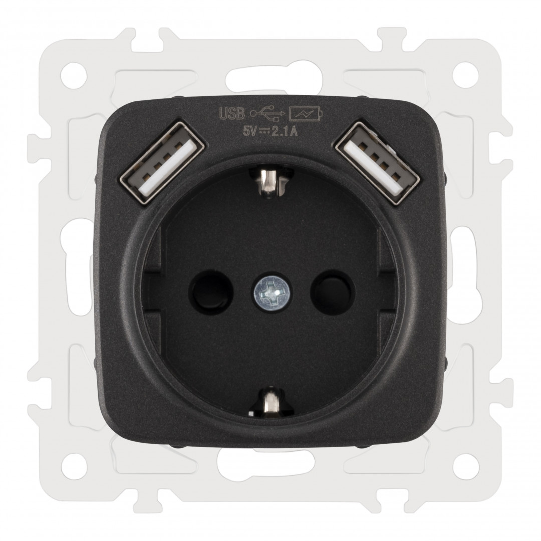 Розетка с заземлением, шторками + 2 USB Arte Milano 205.47-1.black Розетка с заземлением, шторками + 2 USB Arte Milano 205.47-1.black