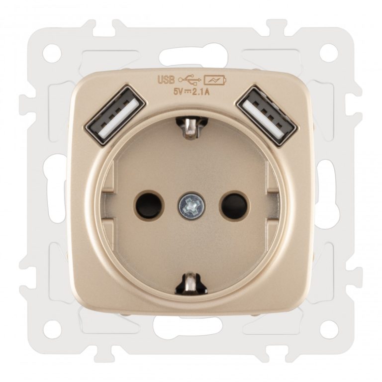 Розетка с заземлением, шторками + 2 USB Arte Milano 205.47-1.shampan