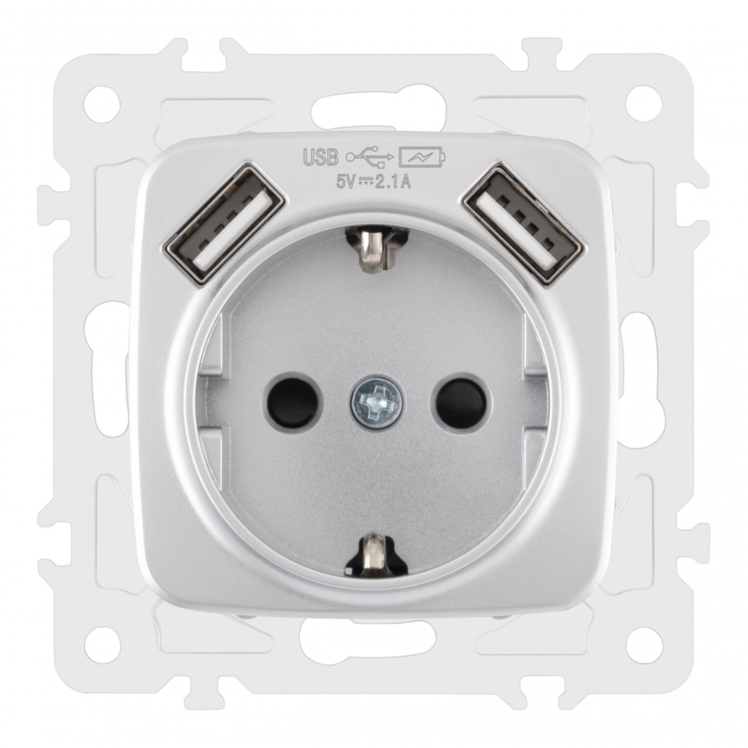 Розетка с заземлением, шторками + 2 USB Arte Milano 205.47-1.silver Розетка с заземлением, шторками + 2 USB Arte Milano 205.47-1.silver