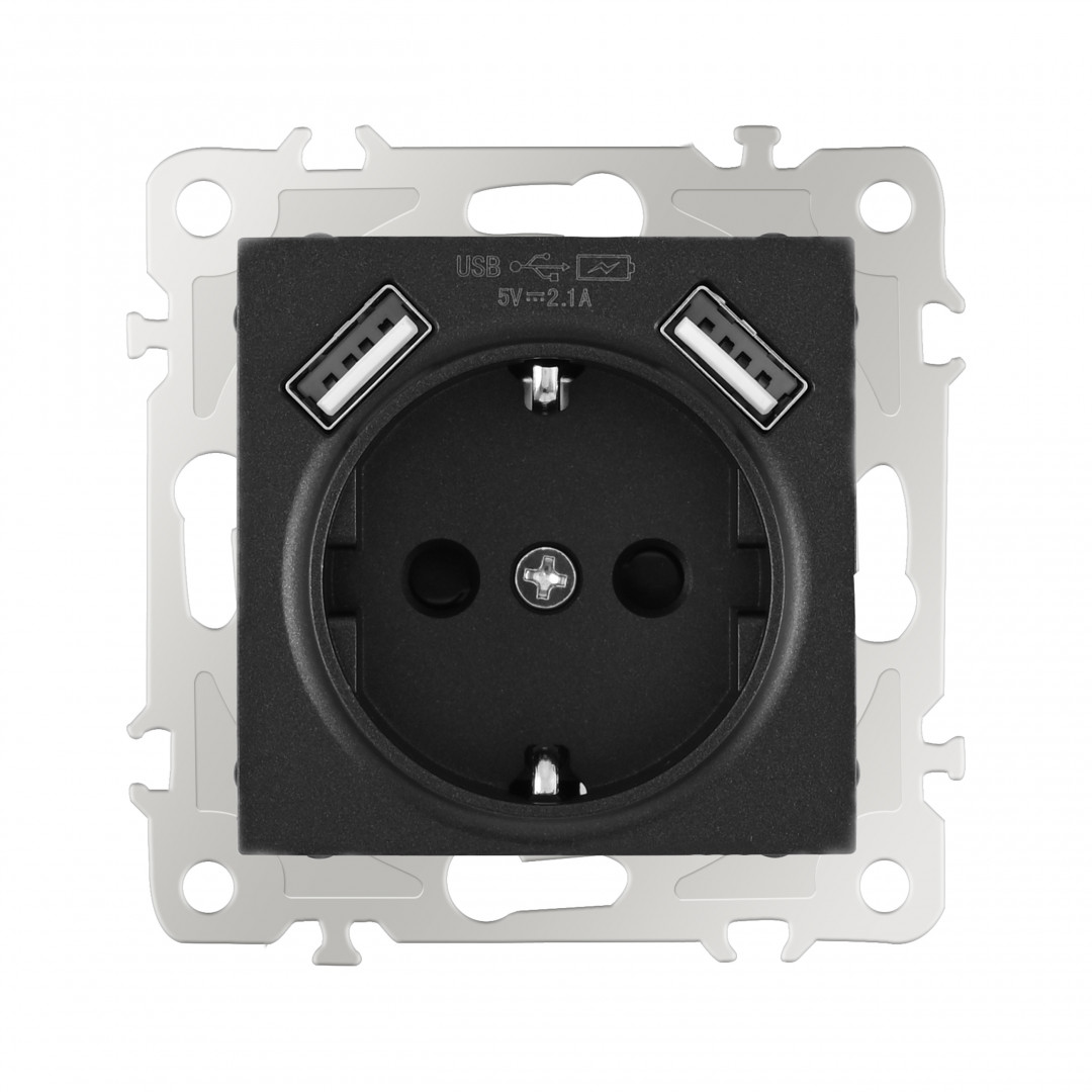 Розетка с заземлением, шторками + 2 USB Arte Milano 206.47-1.black Розетка с заземлением, шторками + 2 USB Arte Milano 206.47-1.black