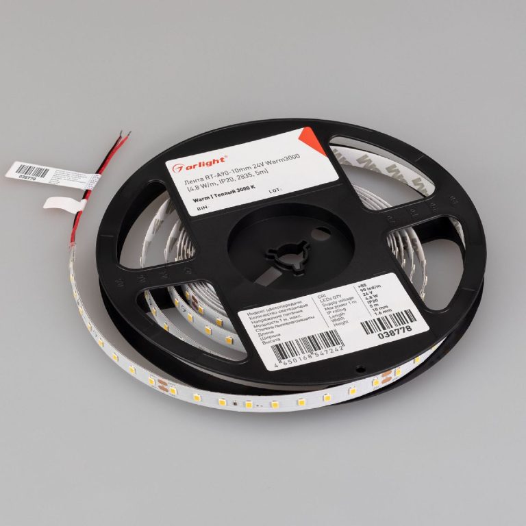 Светодиодная лента Arlight RT-A90-10mm 24V Warm3000 4.8 W/m, IP20, 2835, 5m 038778