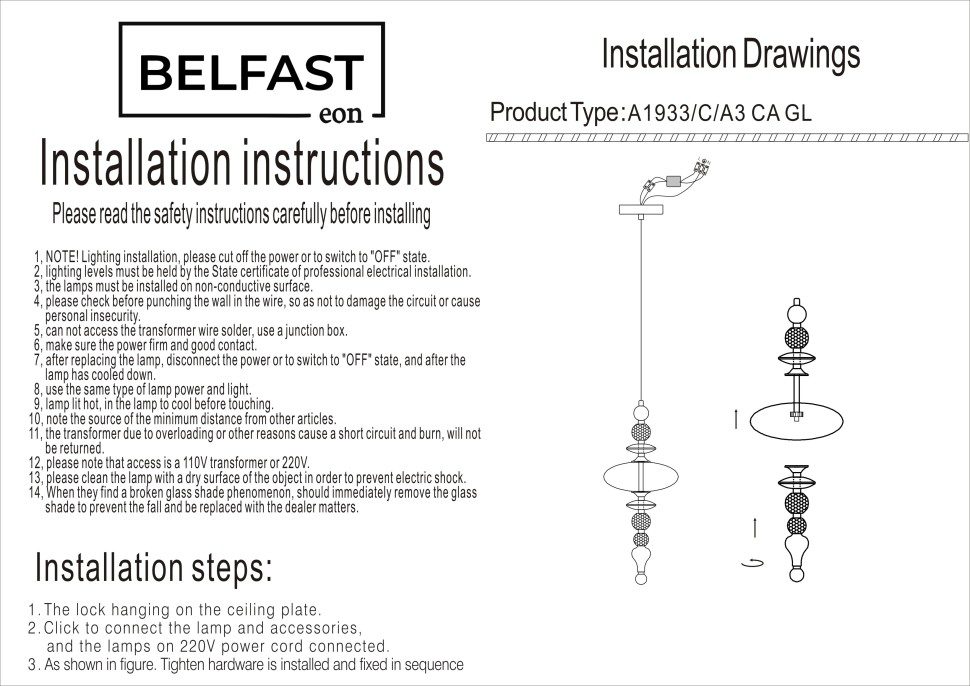 Подвесной светильник Belfast Herbison A1933-C-A3 CA GL Подвесной светильник Belfast Herbison A1933-C-A3 CA GL