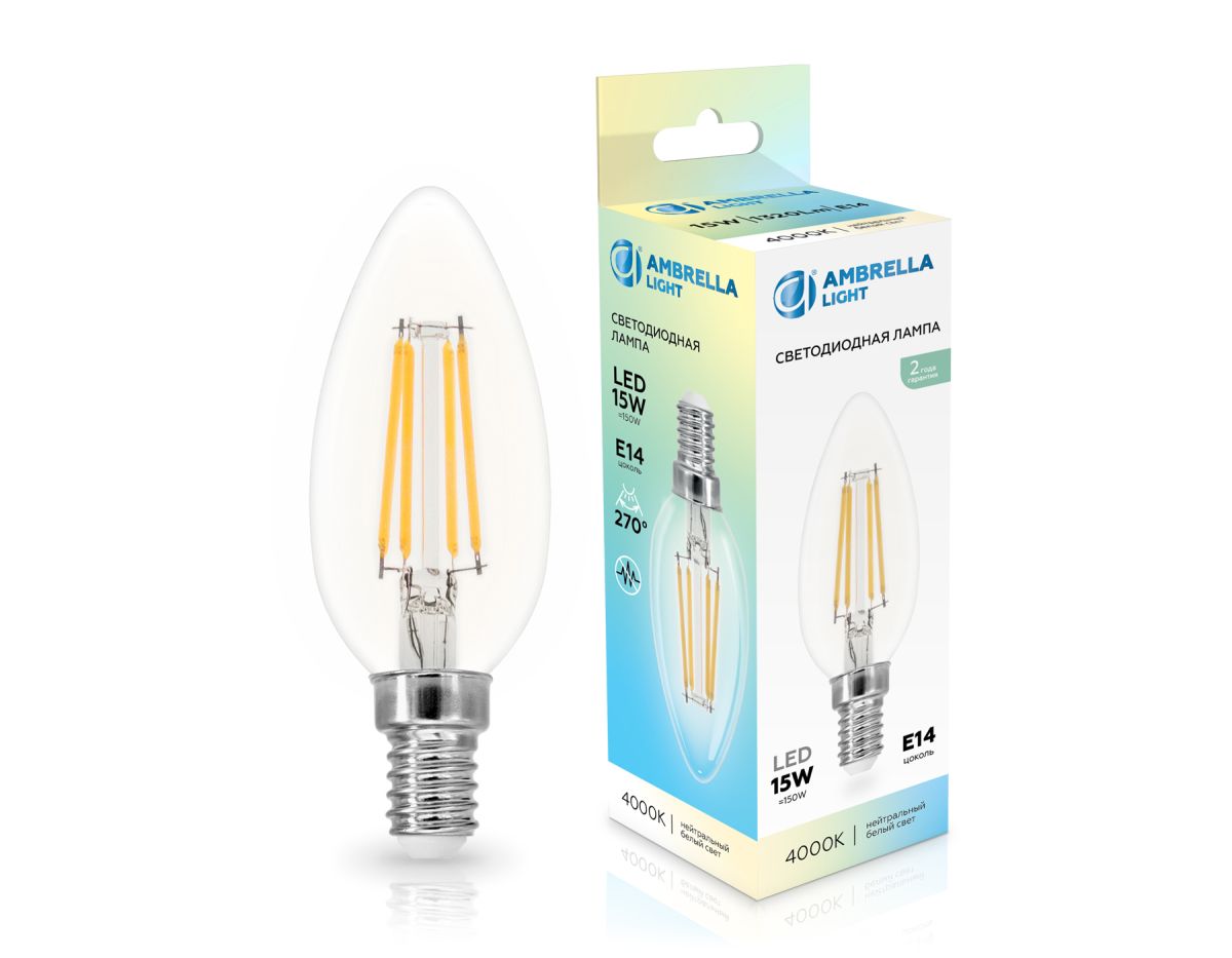 Филаментная светодиодная лампа Ambrella Light Bulbing E14 15W 4000K свеча 351514 Филаментная светодиодная лампа Ambrella Light Bulbing E14 15W 4000K свеча 351514