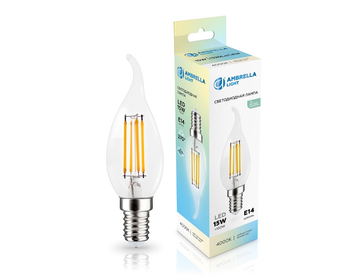 Филаментная светодиодная лампа Ambrella Light Bulbing E14 15W 4000K свеча на ветру 351524 Филаментная светодиодная лампа Ambrella Light Bulbing E14 15W 4000K свеча на ветру 351524