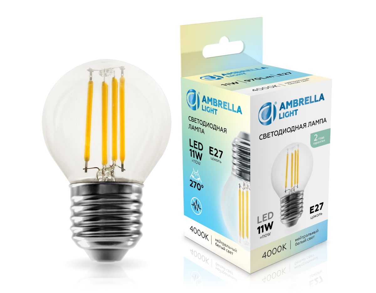 Филаментная светодиодная лампа Ambrella Light Bulbing E27 11W 4000K шар 451124 Филаментная светодиодная лампа Ambrella Light Bulbing E27 11W 4000K шар 451124