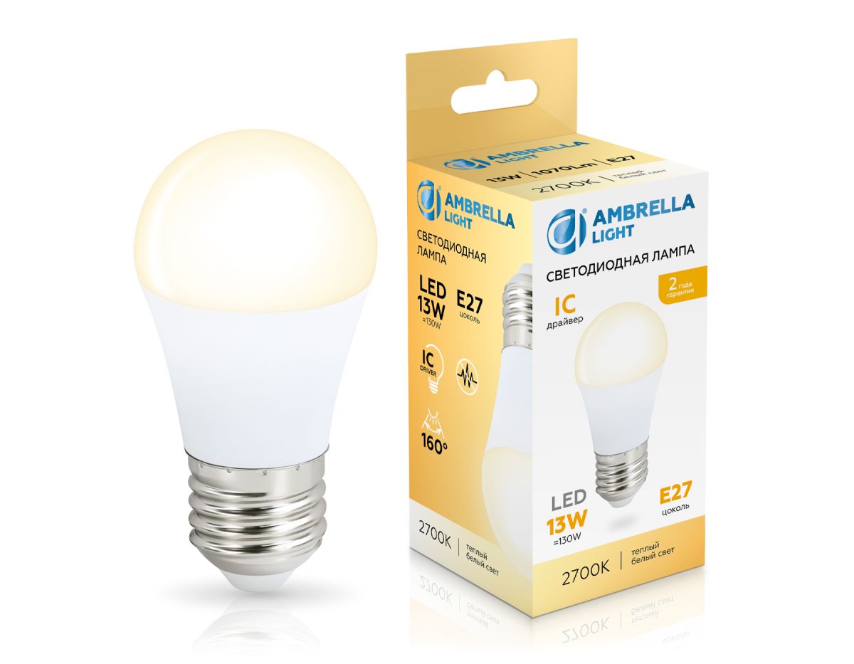 Светодиодная лампа Ambrella Light Bulbing E27 13W 2700K шар 451303 Светодиодная лампа Ambrella Light Bulbing E27 13W 2700K шар 451303