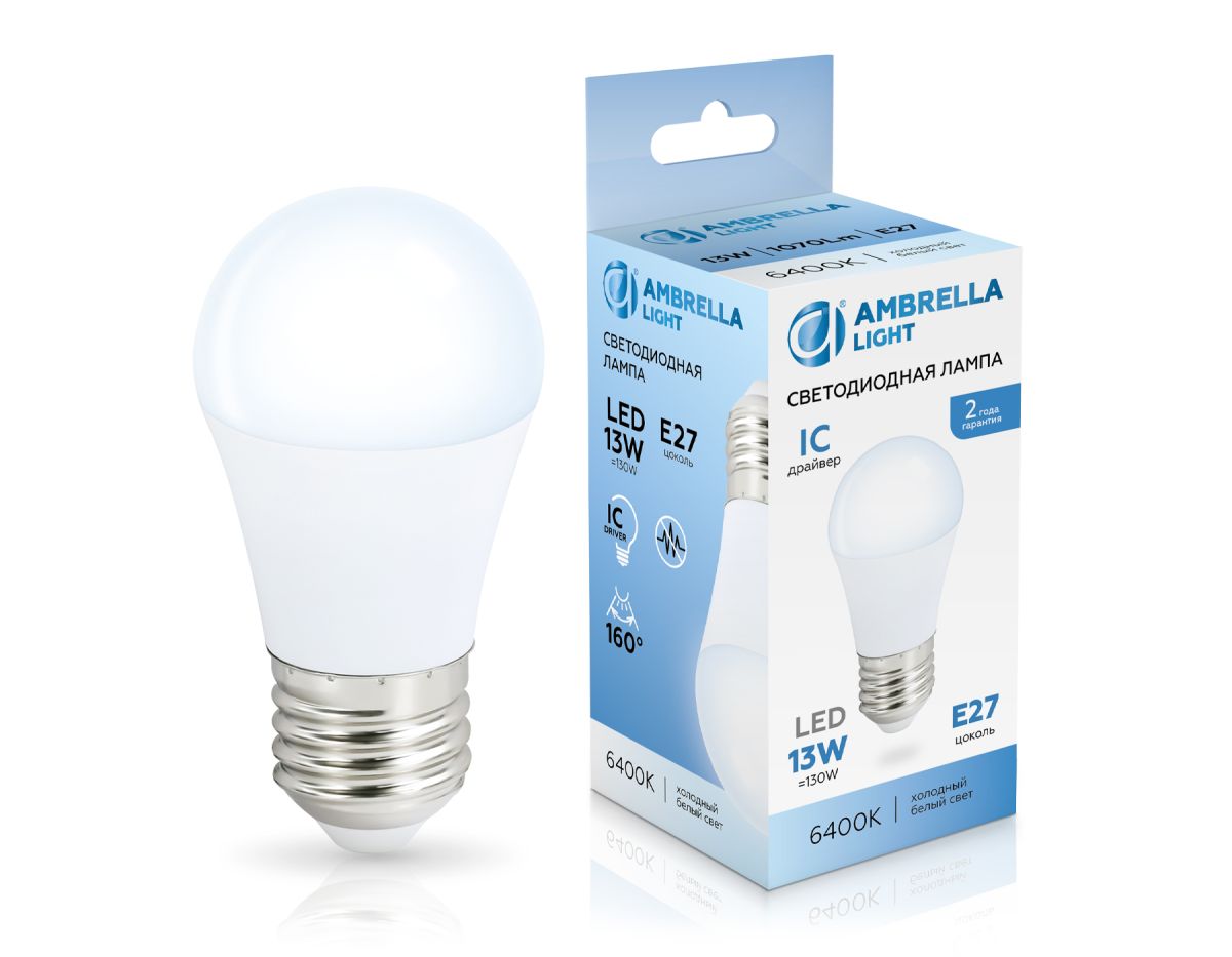 Светодиодная лампа Ambrella Light Bulbing E27 13W 6400K шар 451306 Светодиодная лампа Ambrella Light Bulbing E27 13W 6400K шар 451306