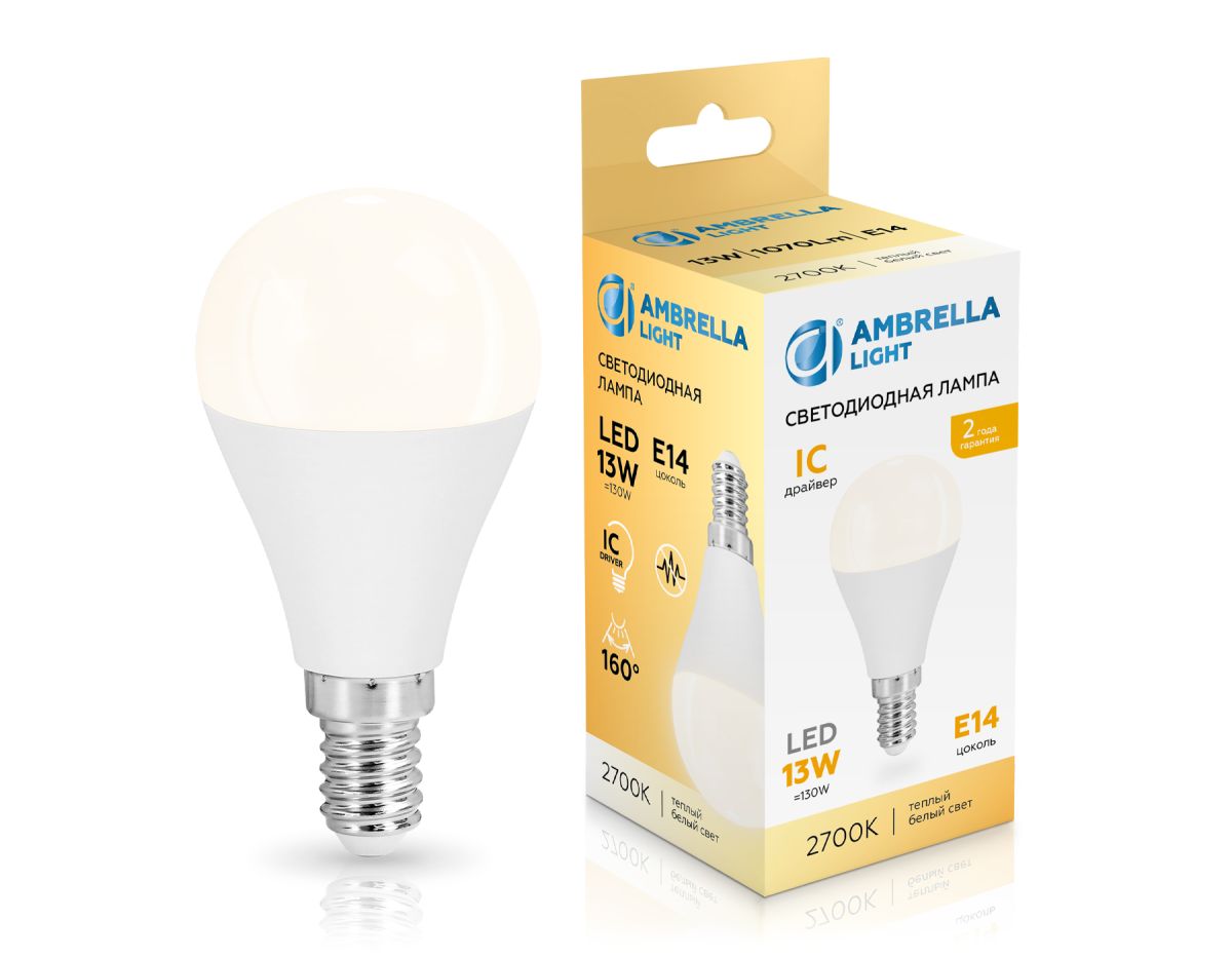 Светодиодная лампа Ambrella Light Bulbing E14 13W 2700K шар 451313 Светодиодная лампа Ambrella Light Bulbing E14 13W 2700K шар 451313