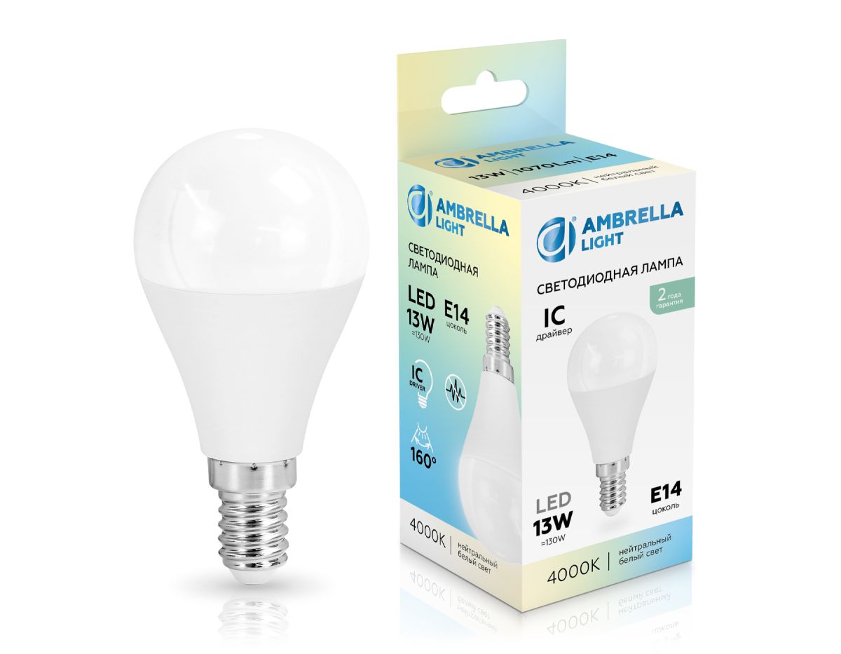 Светодиодная лампа Ambrella Light Bulbing E14 13W 4000K шар 451314 Светодиодная лампа Ambrella Light Bulbing E14 13W 4000K шар 451314