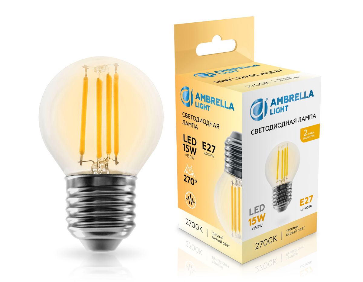 Филаментная светодиодная лампа Ambrella Light Bulbing E27 15W 2700K шар 451523 Филаментная светодиодная лампа Ambrella Light Bulbing E27 15W 2700K шар 451523