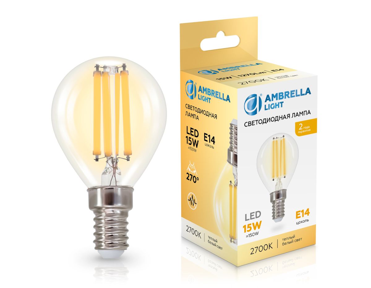 Филаментная светодиодная лампа Ambrella Light Bulbing E14 15W 2700K шар 451533 Филаментная светодиодная лампа Ambrella Light Bulbing E14 15W 2700K шар 451533