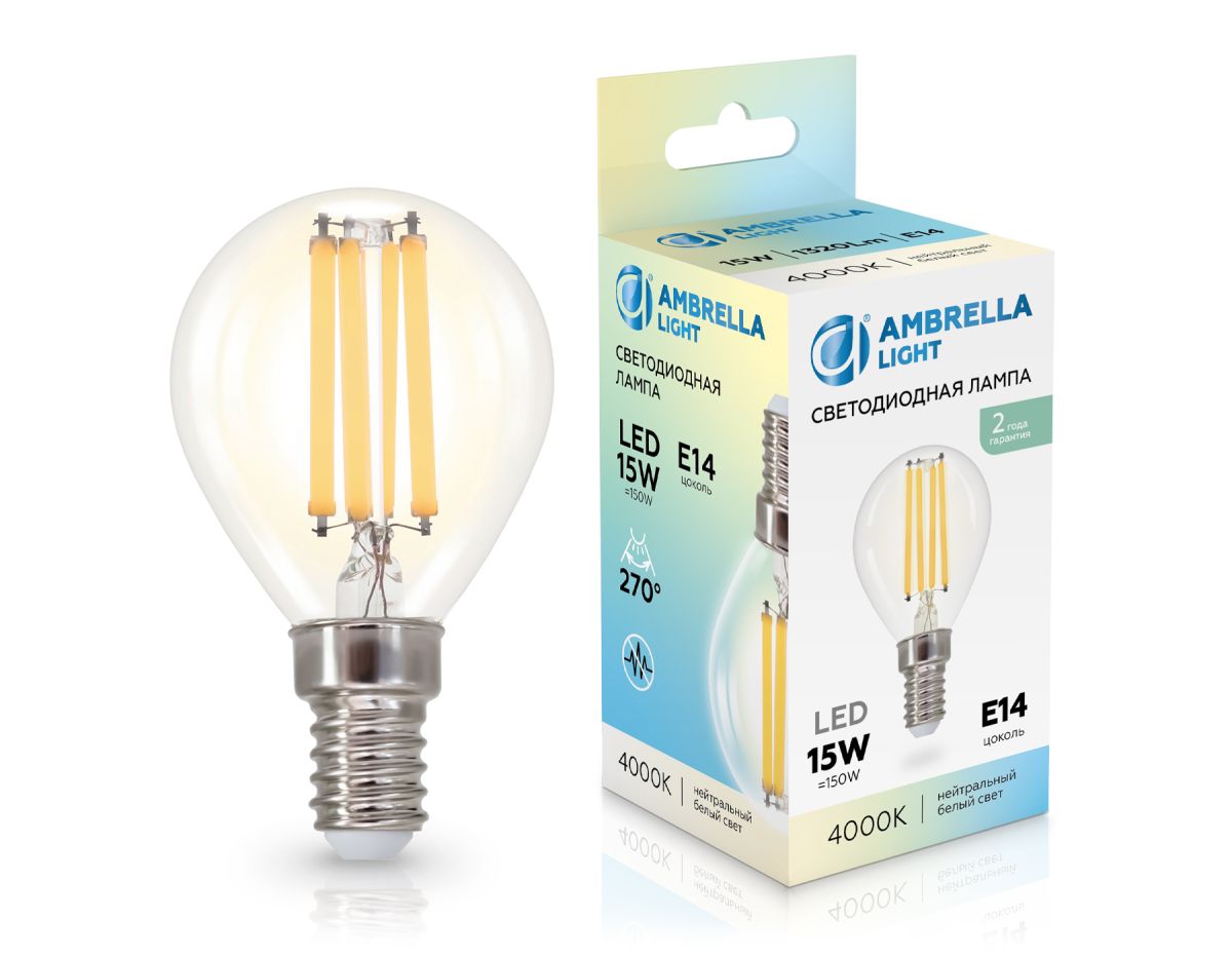 Филаментная светодиодная лампа Ambrella Light Bulbing E14 15W 4000K шар 451534 Филаментная светодиодная лампа Ambrella Light Bulbing E14 15W 4000K шар 451534