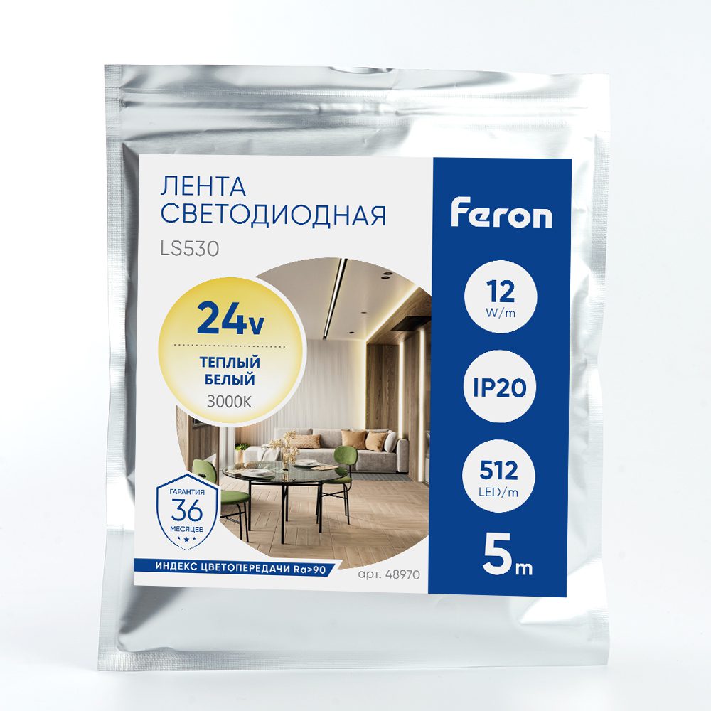 Светодиодная лента Feron LS530 512SMD 12Вт/м 24В 3000К IP20 48970 Светодиодная лента Feron LS530 512SMD 12Вт/м 24В 3000К IP20 48970