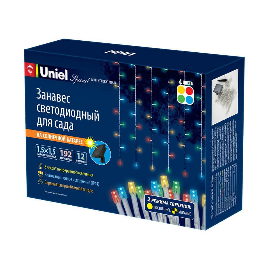 Гирлянда на солнечных батареях (UL-00006539) Uniel Занавес USL-S-132/PT1515 Multicolor Curtain Гирлянда на солнечных батареях (UL-00006539) Uniel Занавес USL-S-132/PT1515 Multicolor Curtain