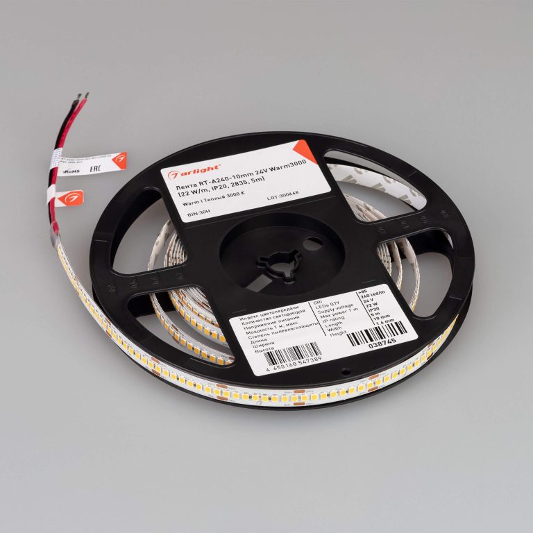 Светодиодная лента Arlight RT-A240-10mm 24V Warm3000 (22 W/m, IP20, 2835, 5m) 038745