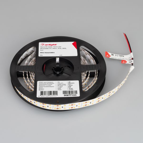 Светодиодная лента Arlight RT-A240-15mm 24V White6000 (19.2 W/m, IP20, 2835, 5m) 008771(2) Светодиодная лента Arlight RT-A240-15mm 24V White6000 (19.2 W/m, IP20, 2835, 5m) 008771(2)