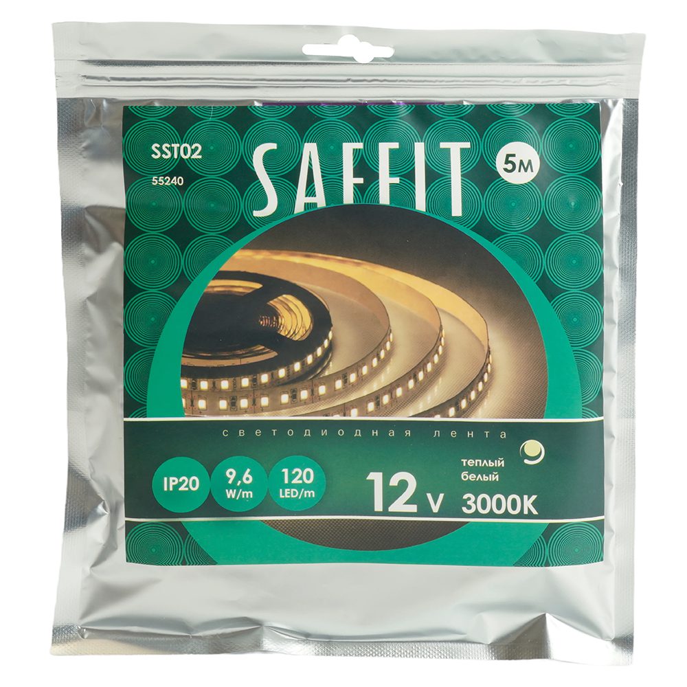 Светодиодная лента Saffit SST02 12В 9,6Вт/м 3000К 5м IP20 55240 Светодиодная лента Saffit SST02 12В 9,6Вт/м 3000К 5м IP20 55240