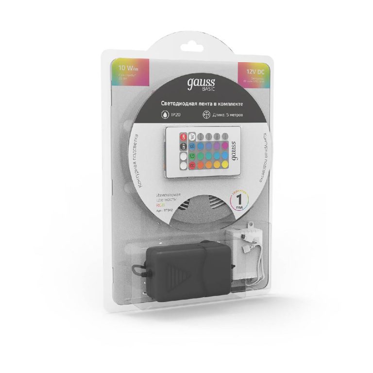 Светодиодная лента Gauss Basic 12В 5050 10Вт/м RGB 5м IP20 BT042
