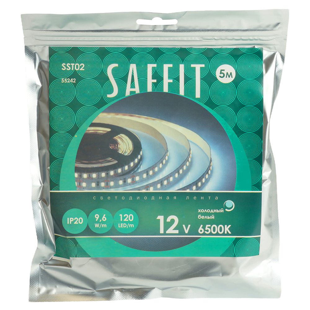 Светодиодная лента Saffit SST02 12В 9,6Вт/м 6500К 5м IP20 55242 Светодиодная лента Saffit SST02 12В 9,6Вт/м 6500К 5м IP20 55242
