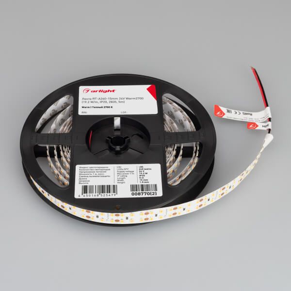 Светодиодная лента Arlight RT-A240-15mm 24V Warm2700 (19.2 W/m, IP20, 2835, 5m) 008770(2) Светодиодная лента Arlight RT-A240-15mm 24V Warm2700 (19.2 W/m, IP20, 2835, 5m) 008770(2)