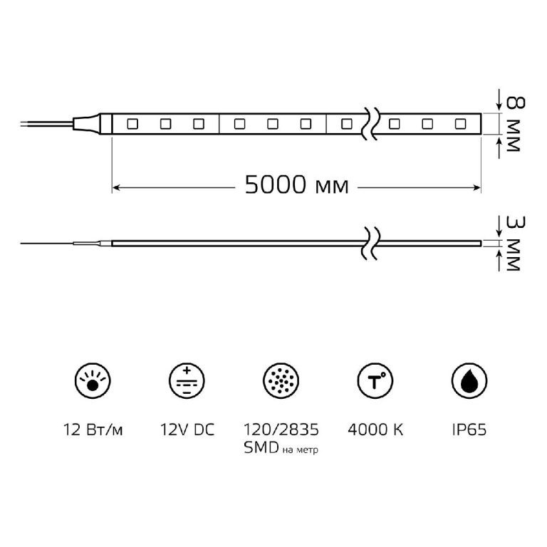 Светодиодная лента Gauss Basic 12В 2835 12Вт/м 4000K 5м IP65 BT071