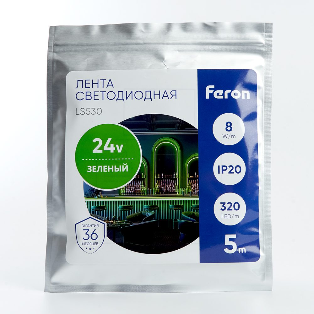 Светодиодная лента Feron LS530 24В 2110 8Вт/м зеленый 5м IP20 48268 Светодиодная лента Feron LS530 24В 2110 8Вт/м зеленый 5м IP20 48268