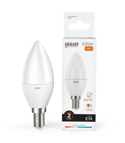 Лампа cветодиодная Gauss E14 6W 3000K свеча матовая 33116