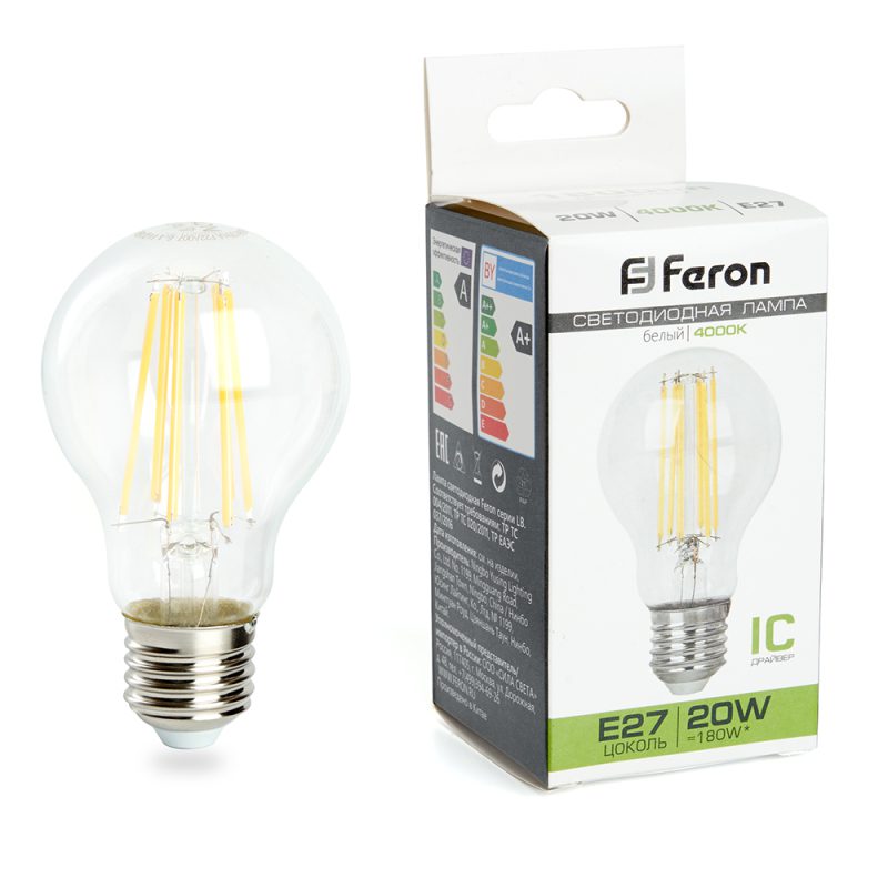 Лампа светодиодная филаментная Feron E27 20W 4000K прозрачная LB-620 38246 Лампа светодиодная филаментная Feron E27 20W 4000K прозрачная LB-620 38246