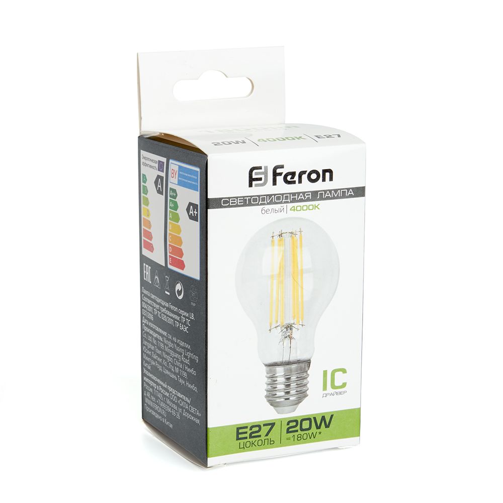 Лампа светодиодная филаментная Feron E27 20W 4000K прозрачная LB-620 38246 Лампа светодиодная филаментная Feron E27 20W 4000K прозрачная LB-620 38246