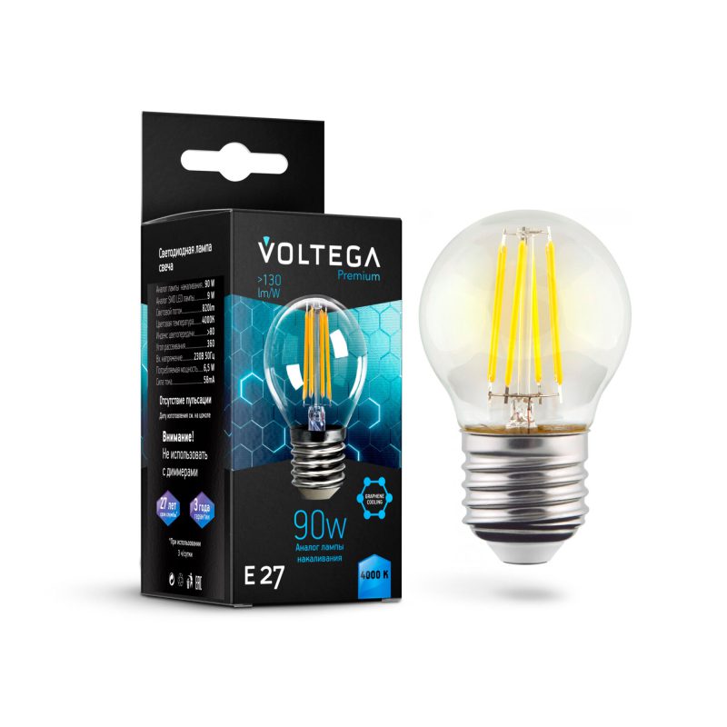 Лампа светодиодная филаментная Voltega E27 7W 4000K шар прозрачный VG10-G45E27cold9W-F 7139 Лампа светодиодная филаментная Voltega E27 7W 4000K шар прозрачный VG10-G45E27cold9W-F 7139