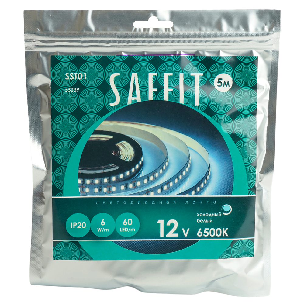 Светодиодная лента Saffit SST01 12В 6Вт/м 6500К 5м IP20 55239 Светодиодная лента Saffit SST01 12В 6Вт/м 6500К 5м IP20 55239