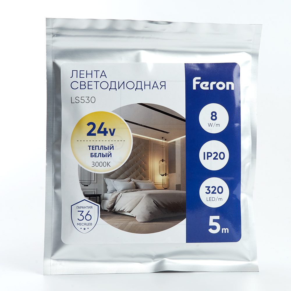 Светодиодная лента Feron LS530 24В 2110 10Вт/м 3000K 5м IP20 48263 Светодиодная лента Feron LS530 24В 2110 10Вт/м 3000K 5м IP20 48263