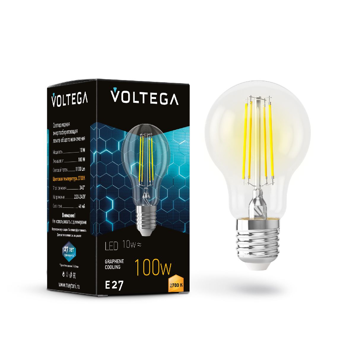 Лампа светодиодная филаментная Voltega E27 9W 2700K груша прозрачная 7227 Лампа светодиодная филаментная Voltega E27 9W 2700K груша прозрачная 7227