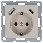 Розетка SHUKO с USB A+C с защитными шторками 16A 250V 2P+T USB 25W, цвет Тауп Jasmart G5501USB-25T