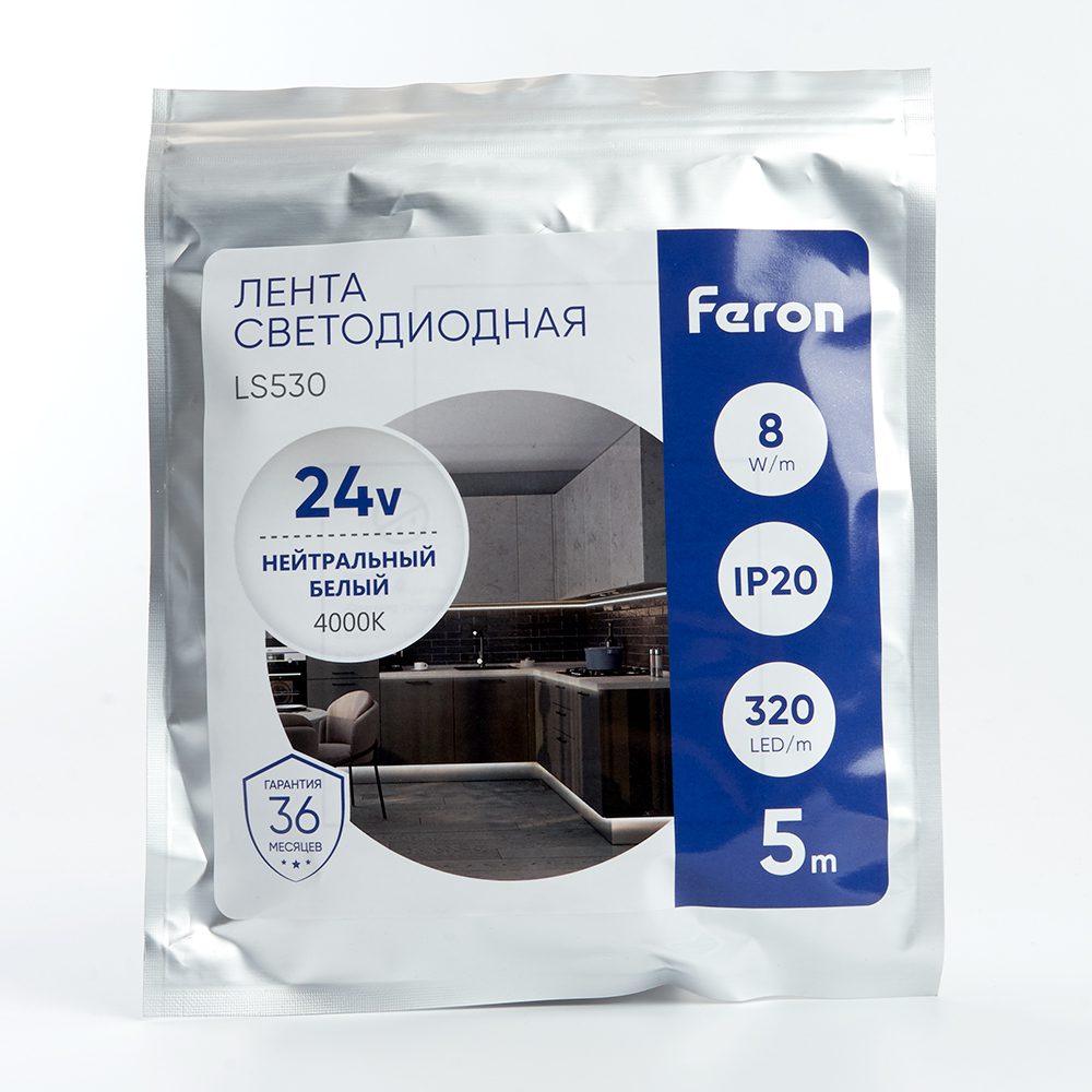 Светодиодная лента Feron LS530 24В 2110 10Вт/м 4000K 5м IP20 48264 Светодиодная лента Feron LS530 24В 2110 10Вт/м 4000K 5м IP20 48264
