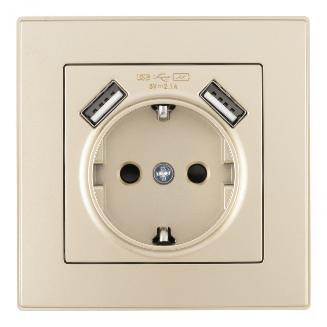 Комплект розетки с/з и шторками + USB и рамкой Arte Milano SET06-1-47-1 shampan Комплект розетки с/з и шторками + USB и рамкой Arte Milano SET06-1-47-1 shampan
