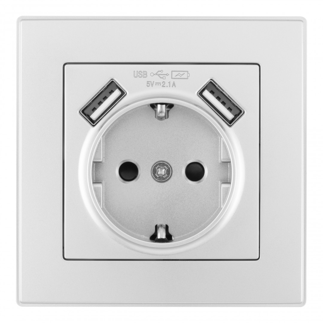 Комплект розетки с/з и шторками + USB и рамкой Arte Milano SET06-1-47-1 silver Комплект розетки с/з и шторками + USB и рамкой Arte Milano SET06-1-47-1 silver