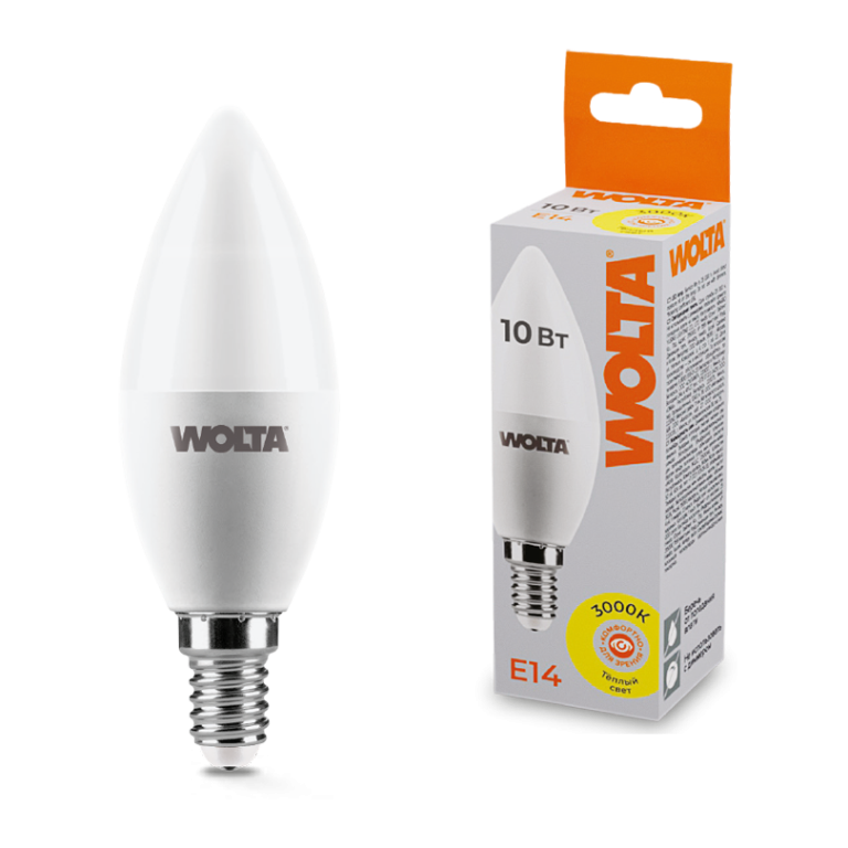 Светодиодная лампа WOLTA 10Вт 3000K E14 свеча матовая 25YC10E14