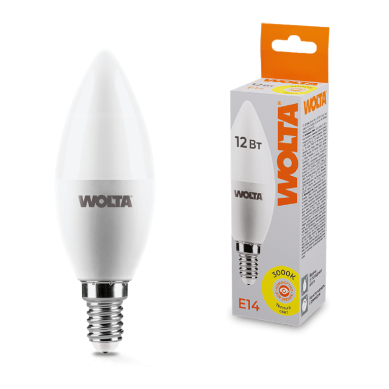 Светодиодная лампа WOLTA 12Вт 3000K Е14 свеча матовая 25YC12E14