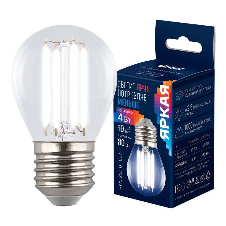 Лампа светодиодная филаментная Uniel LED-G45-4W/4000K/E27/CL GLY01TR UL-00011941