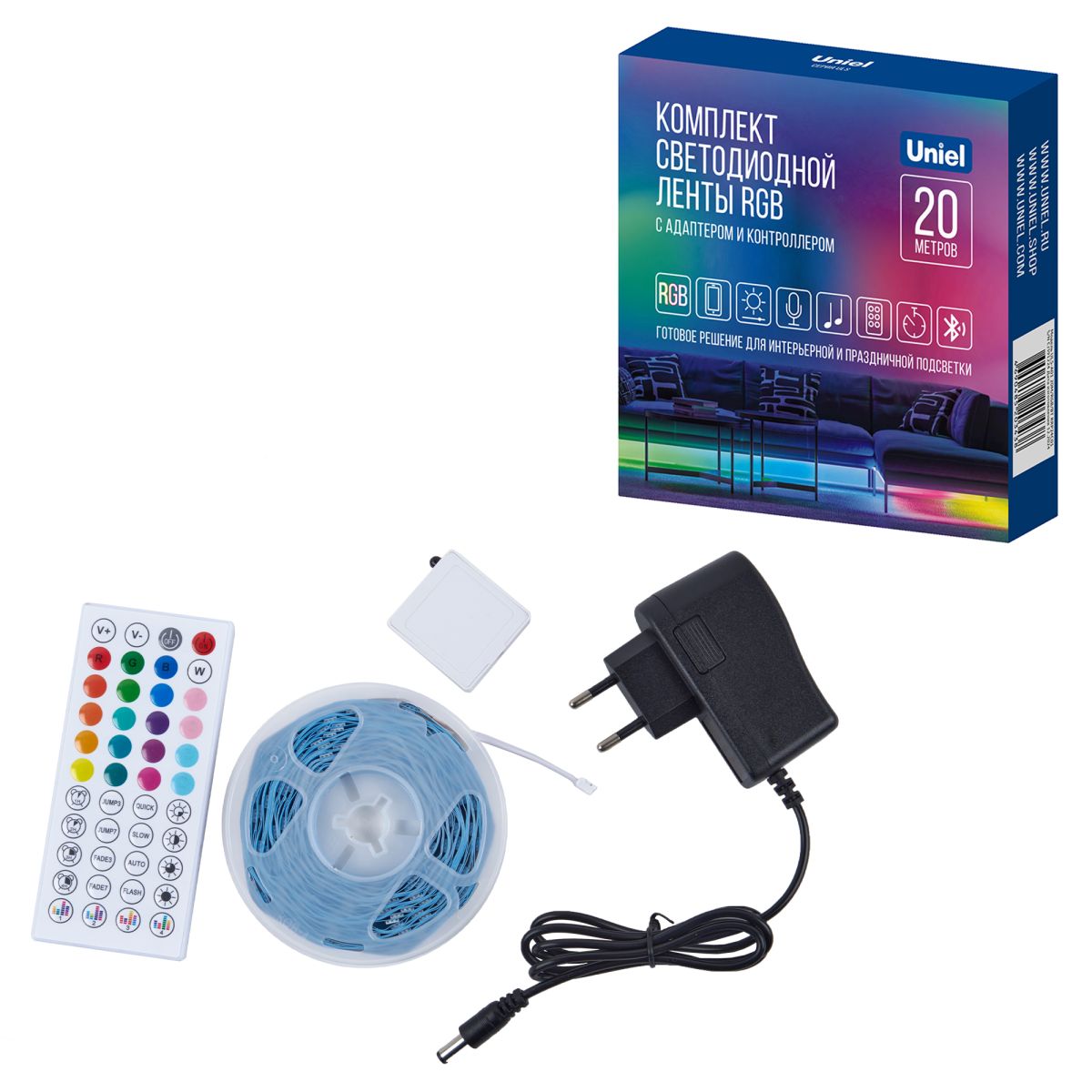 Светодиодная лента (комплект) Uniel ULS-A01 20M/RGB/BT RRP24C01 UL-00012816 Светодиодная лента (комплект) Uniel ULS-A01 20M/RGB/BT RRP24C01 UL-00012816